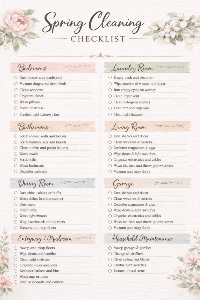 Spring cleaning checklist printable organized by bedrooms, bathrooms, laundry room, living room, dining room, garage, and household maintenance tasks.