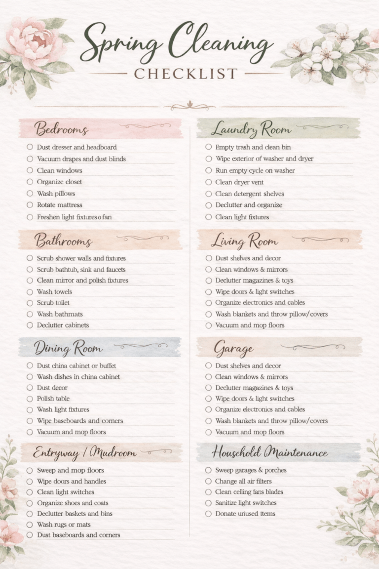 Spring cleaning checklist printable organized by bedrooms, bathrooms, laundry room, living room, dining room, garage, and household maintenance tasks.
