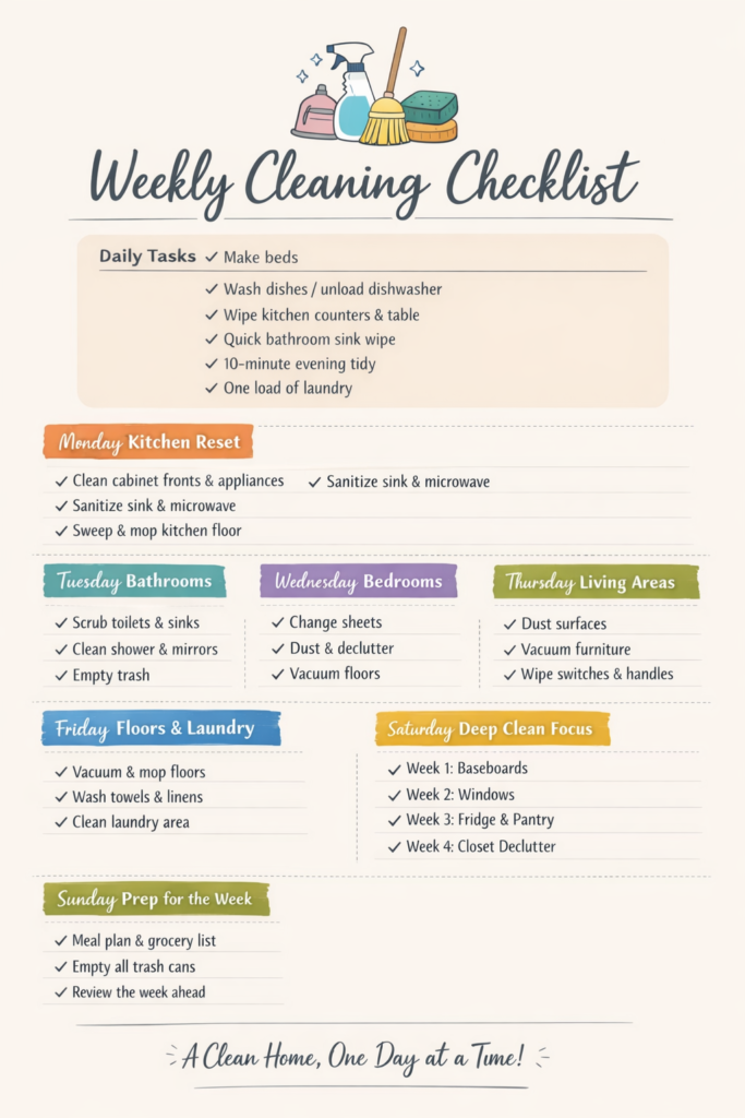 Weekly cleaning checklist printable chart organized by daily tasks and weekly home cleaning schedule