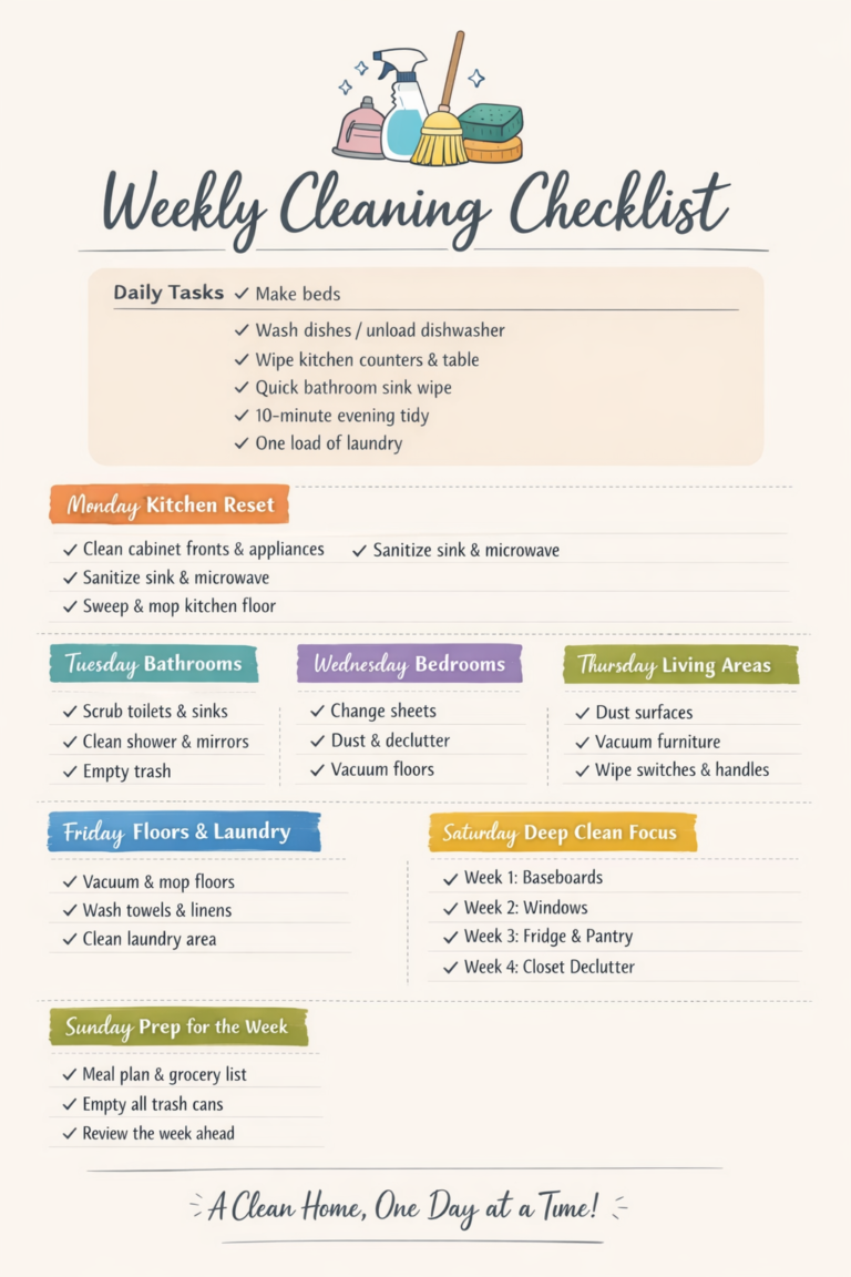Weekly cleaning checklist printable chart organized by daily tasks and weekly home cleaning schedule