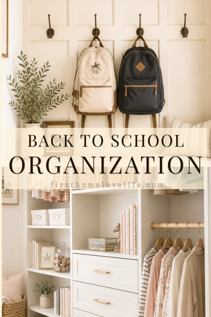Collage featuring back-to-school home organization ideas including kids' backpack storage, organized closets, and built-in storage solutions for busy families.