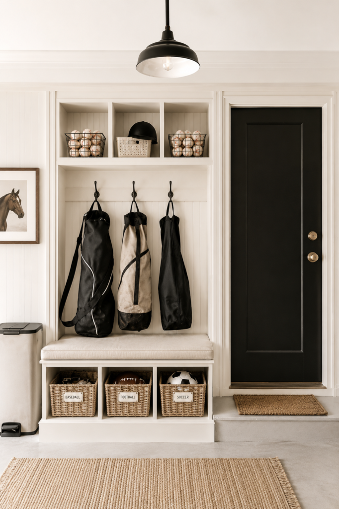 Built-in mudroom storage with cubbies, bench seating, and organized kids' sports equipment for easy back-to-school organization in a timeless neutral farmhouse entryway.