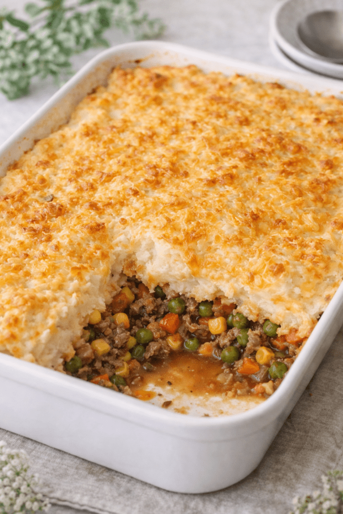 Easy shepherd’s pie in a white baking dish with a slice removed showing layers of ground beef, vegetables, rich gravy, and creamy mashed potatoes.
