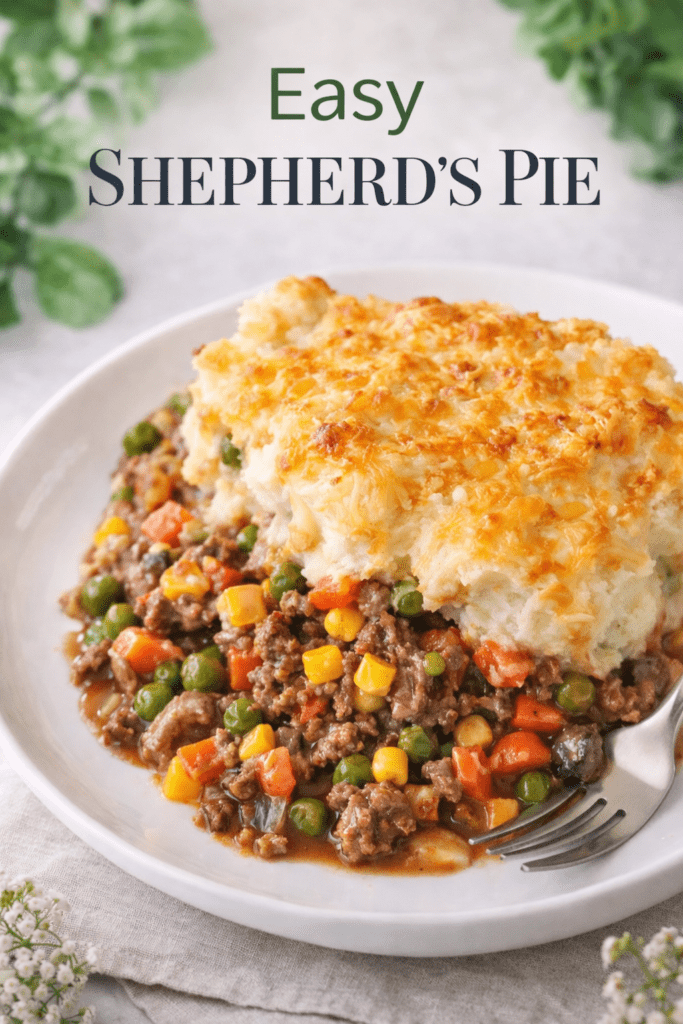 Easy shepherd’s pie recipe with ground beef, mixed vegetables, and creamy mashed potatoes topped with melted cheese on a white plate.