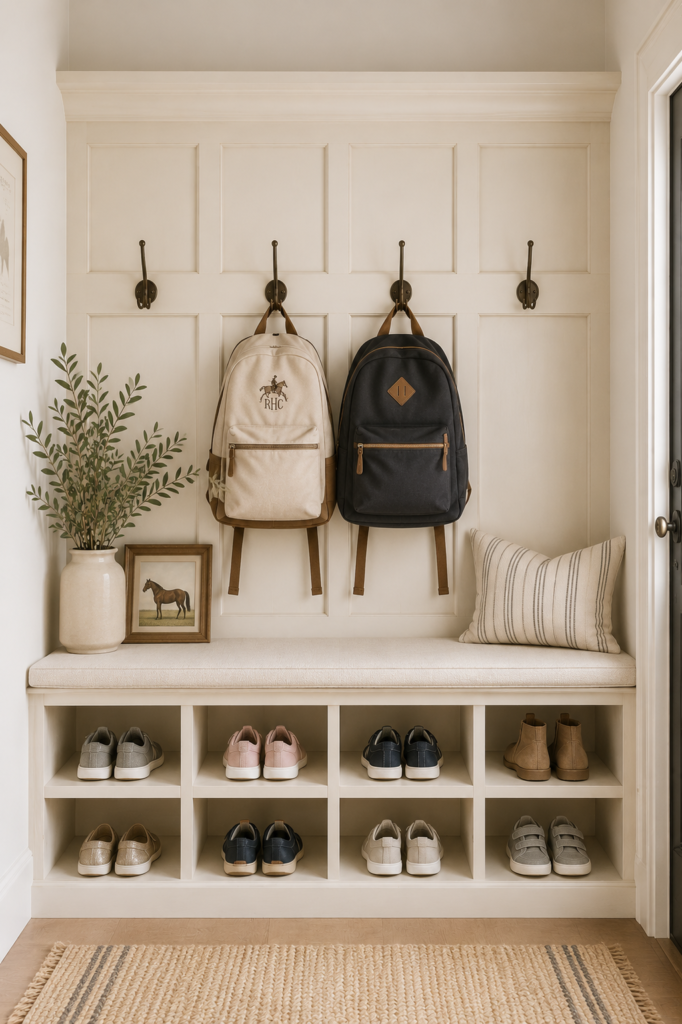 Bright neutral mudroom with built-in bench, kids' shoe cubbies, and backpack hooks for simple back-to-school organization.