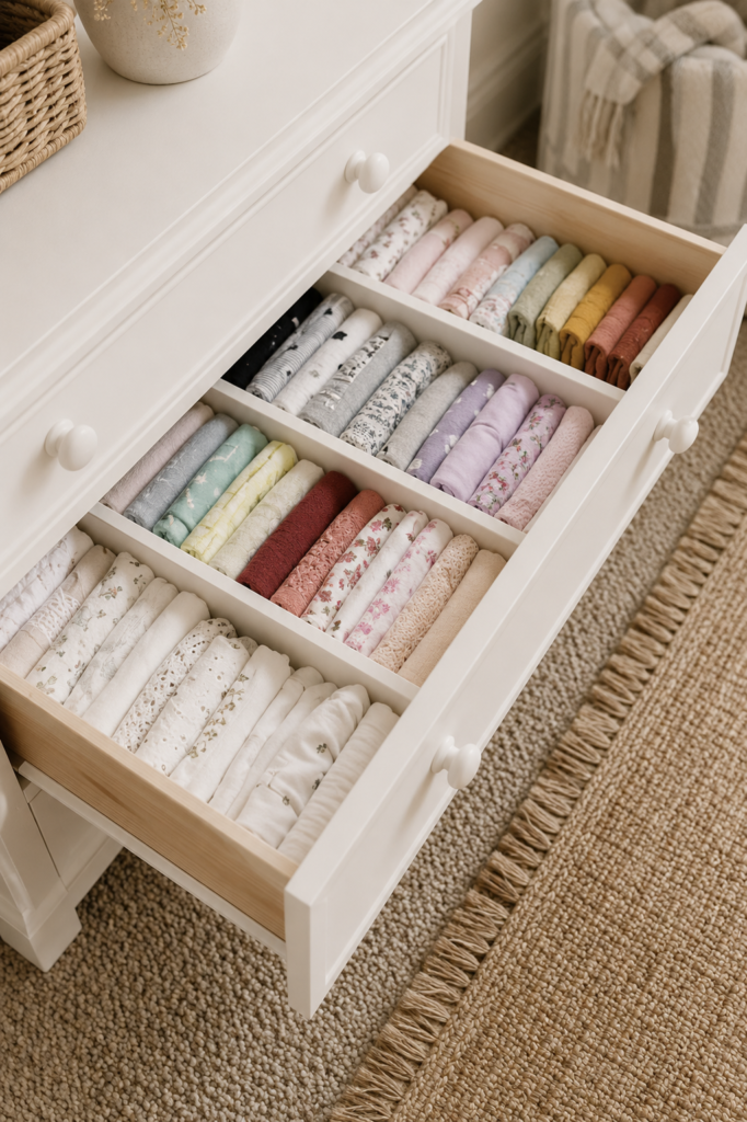 Organized kids dresser drawer with neatly folded clothing and drawer dividers for easy back-to-school clothing organization in a timeless neutral bedroom.