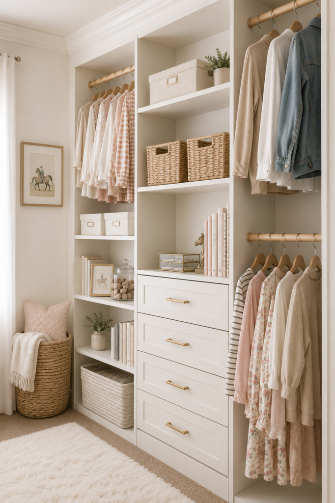 Side view of a neutral pre-teen girl's organized closet with white built-in shelves, drawers, woven baskets, and neatly arranged clothing in a timeless classic style.