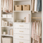 Neutral pre-teen girl's organized closet with white built-in shelves, woven baskets, drawers, and neatly hung clothing in a timeless classic style.