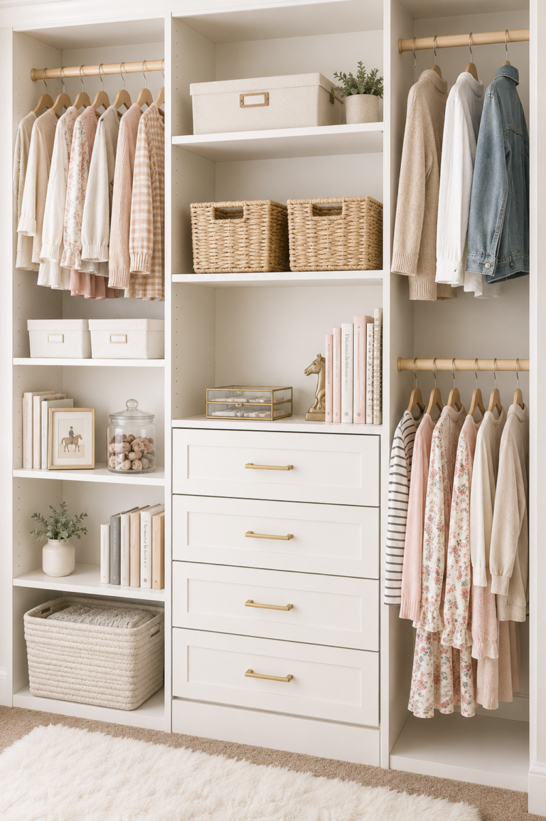 Neutral pre-teen girl's organized closet with white built-in shelves, woven baskets, drawers, and neatly hung clothing in a timeless classic style.
