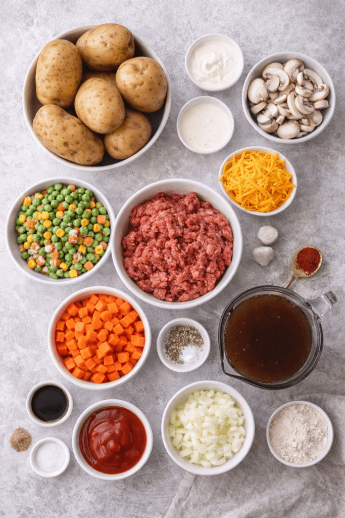 Flat lay of shepherd’s pie ingredients including ground beef, potatoes, carrots, peas, corn, mushrooms, onion, beef broth, shredded cheddar cheese, and seasonings on a light background.
