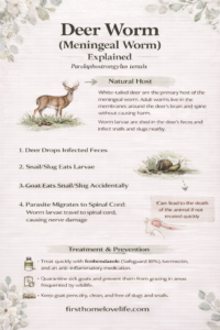 Deer worm (meningeal worm) infographic explaining how goats get infected, including deer feces, snails and slugs, and parasite migration to the spinal cord.