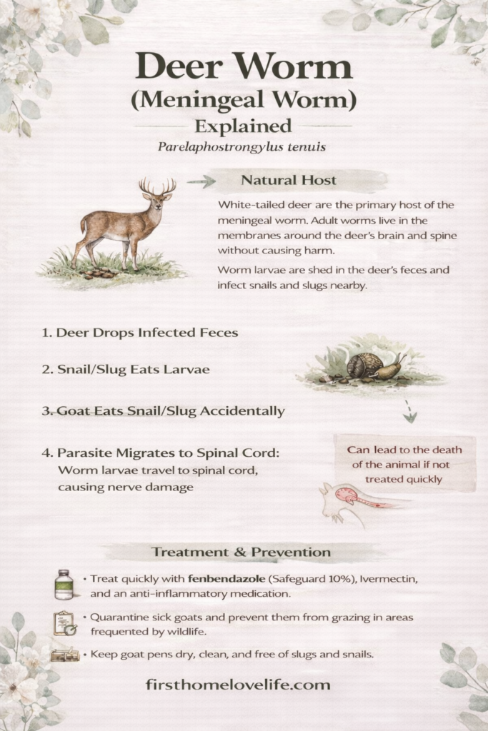 Deer worm (meningeal worm) infographic explaining how goats get infected, including deer feces, snails and slugs, and parasite migration to the spinal cord.