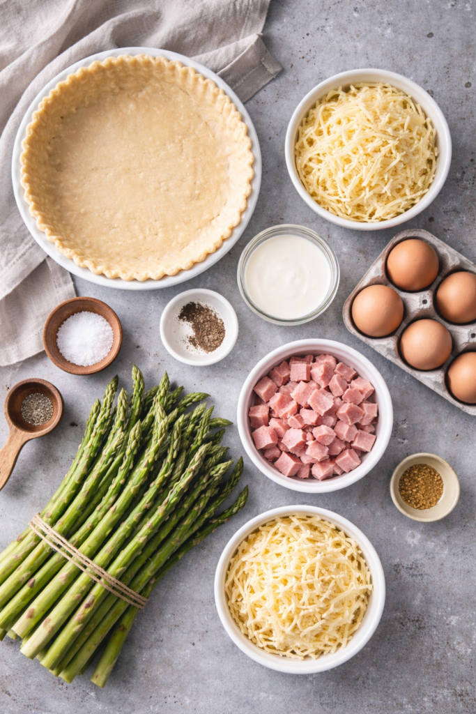 Flat lay of ingredients for ham asparagus Gruyère quiche on a neutral linen background
