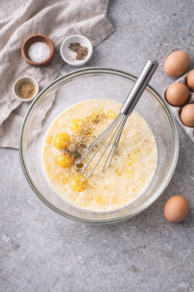 Egg custard being whisked in a glass bowl for ham asparagus Gruyère quiche