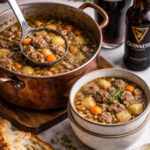 Steak and ale soup in a well-used copper pot with a ladle serving into stacked bowls, featuring tender beef, potatoes, carrots, and parsnips, with a glass of Guinness beer on the side