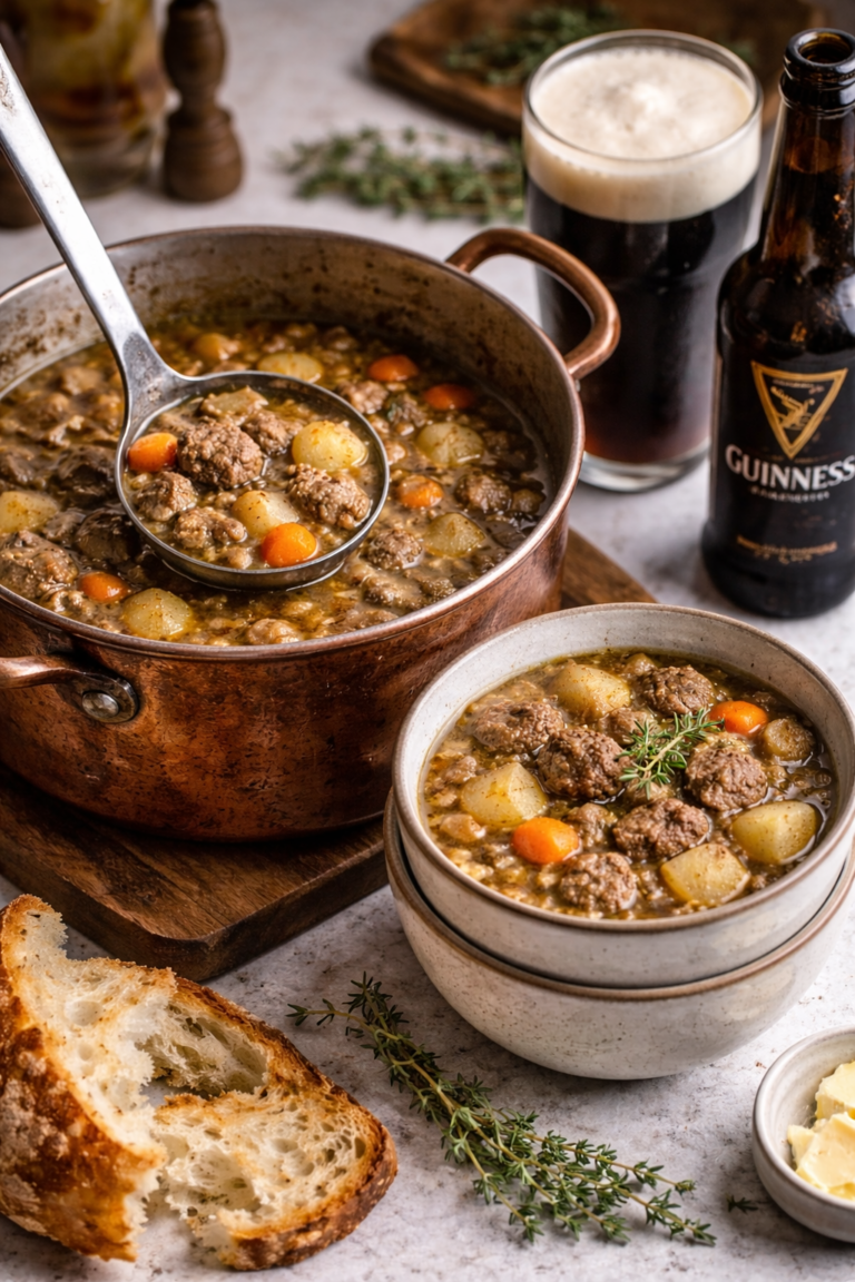 Steak and ale soup in a well-used copper pot with a ladle serving into stacked bowls, featuring tender beef, potatoes, carrots, and parsnips, with a glass of Guinness beer on the side