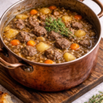 Steak and ale soup simmering in a well-used copper pot with tender beef, potatoes, carrots, and parsnips in a rich ale broth