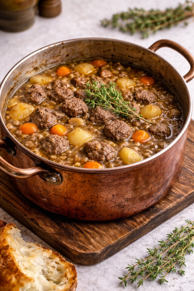 Steak and ale soup simmering in a well-used copper pot with tender beef, potatoes, carrots, and parsnips in a rich ale broth
