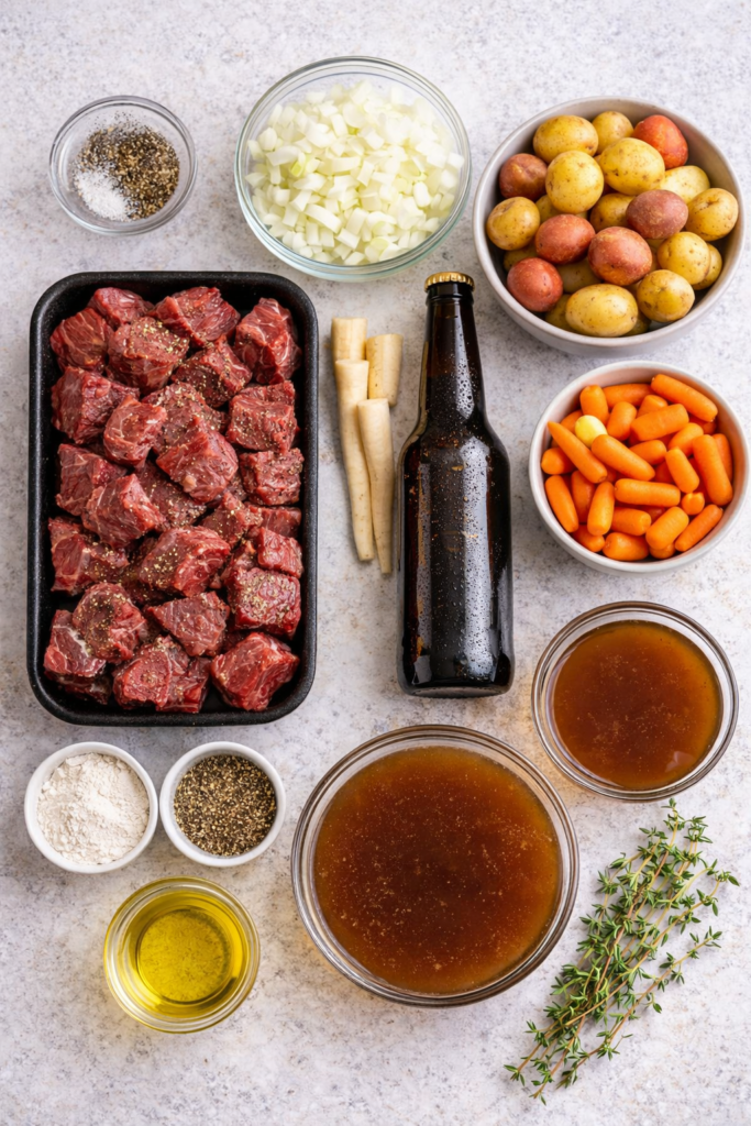 Flat lay of ingredients for one-pot steak and ale soup including beef chuck, potatoes, carrots, parsnips, onions, garlic, thyme, dark ale, beef broth, olive oil, flour, salt, and pepper on a light countertop
