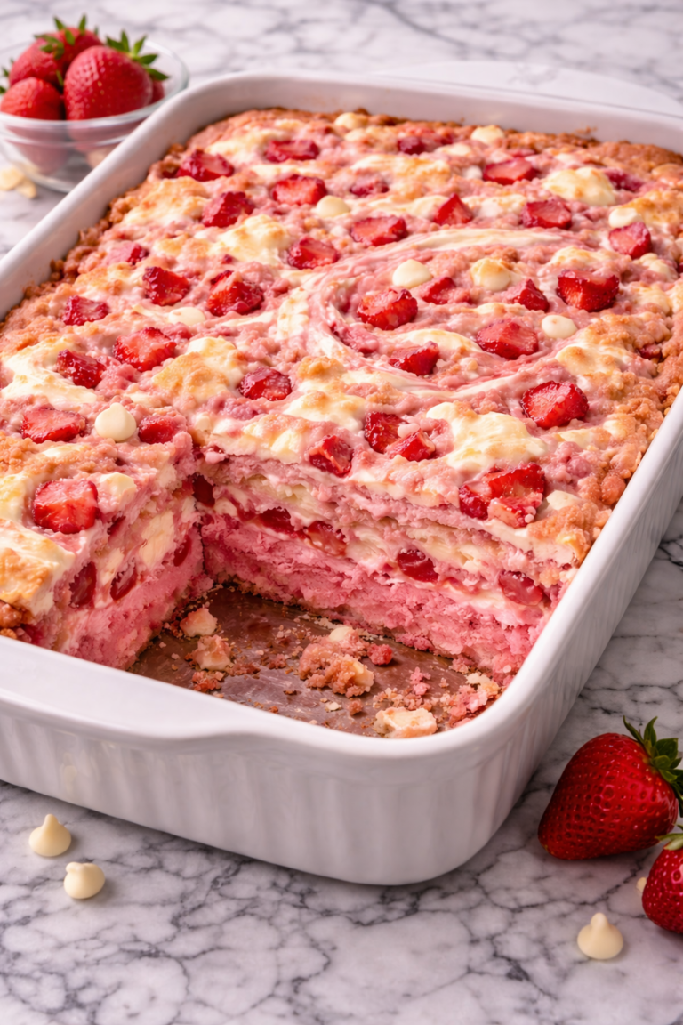 Strawberry earthquake cake with cream cheese swirls and melted white chocolate baked in a 9x13 pan