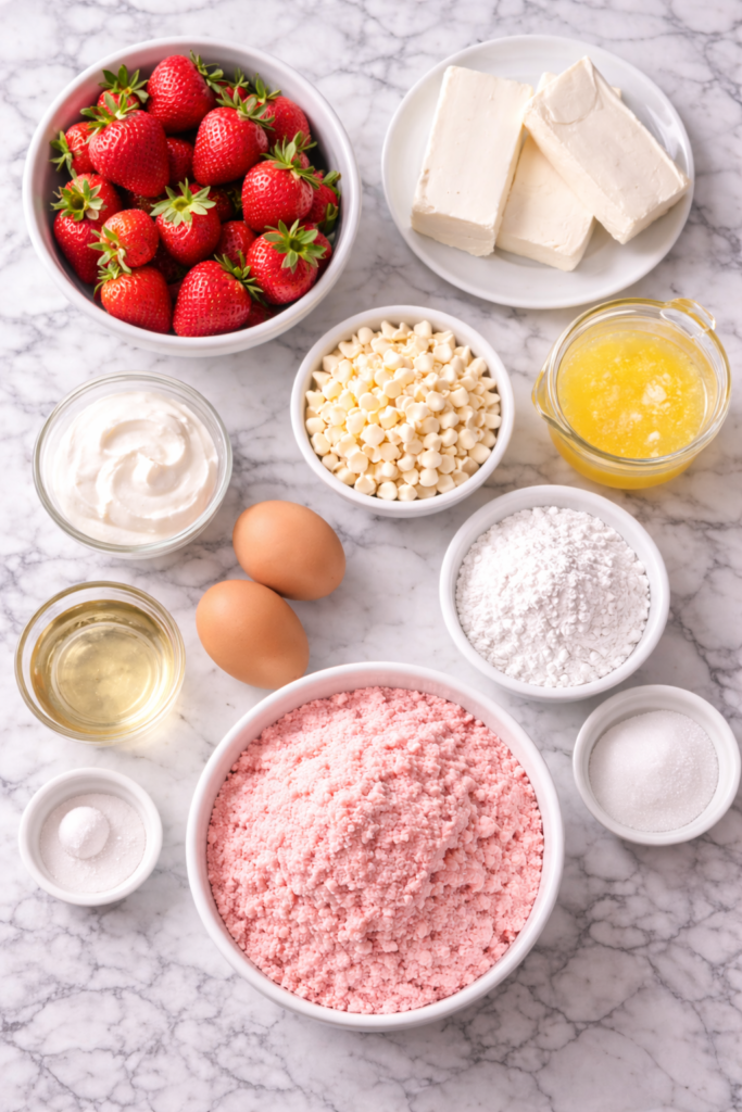 Flat lay of ingredients for strawberry earthquake cake on a marble countertop