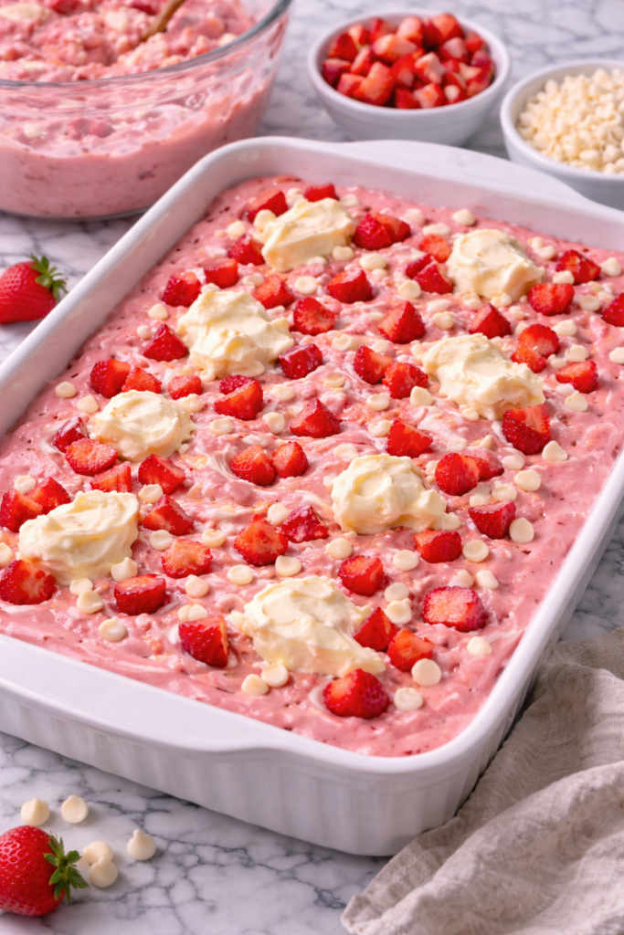 Strawberry earthquake cake batter in a 9x13 pan with cream cheese dollops and white chocolate chips