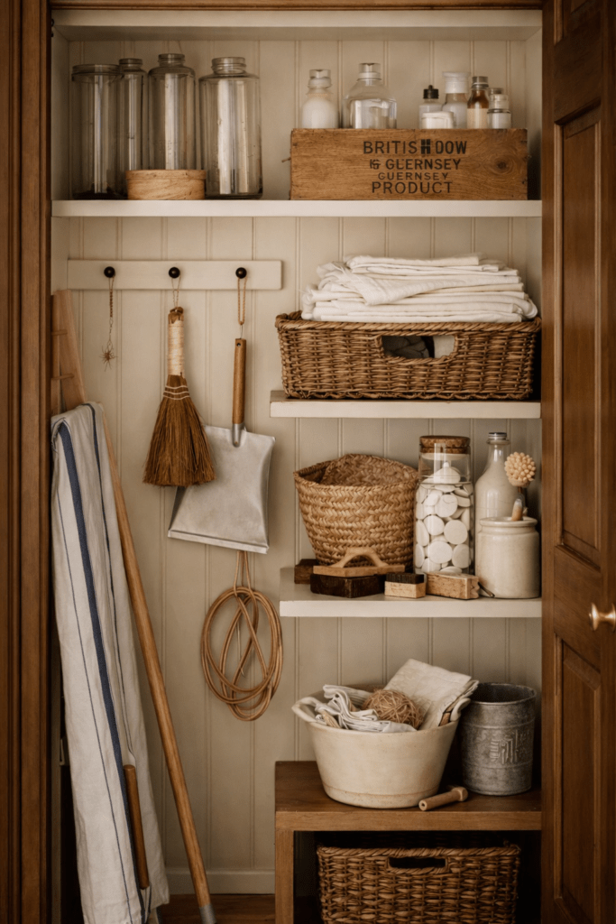 Creamy off white beadboard utility closet with wooden shelves, woven baskets, vintage glass jars, and neatly organized natural cleaning supplies.