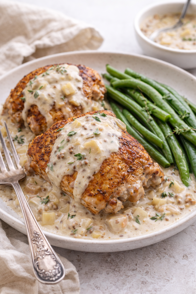 Plated creamy mustard chicken thighs with green beans and apple shallot sauce spooned over top dripping down the sides