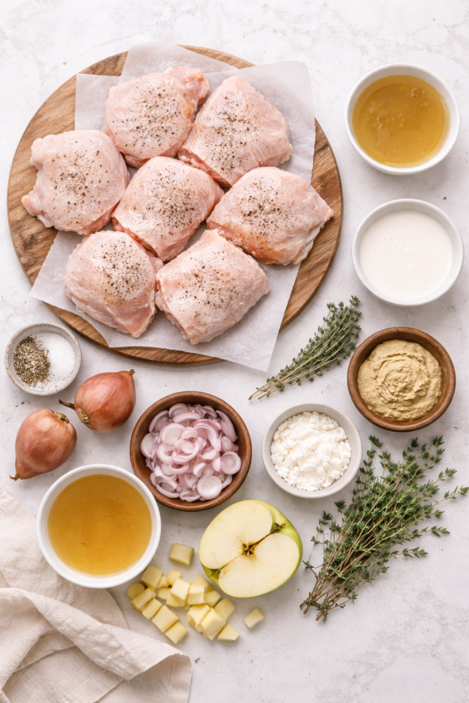 Flat lay of ingredients for crockpot creamy mustard chicken including chicken thighs, shallots, apple, thyme, chicken broth, heavy cream, and mustard on a marble background