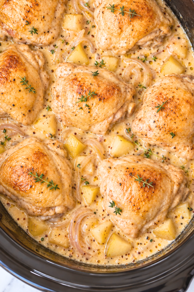 Overhead view of golden chicken thighs with softened apples, shallots, and thyme in creamy mustard sauce inside a black crockpot.