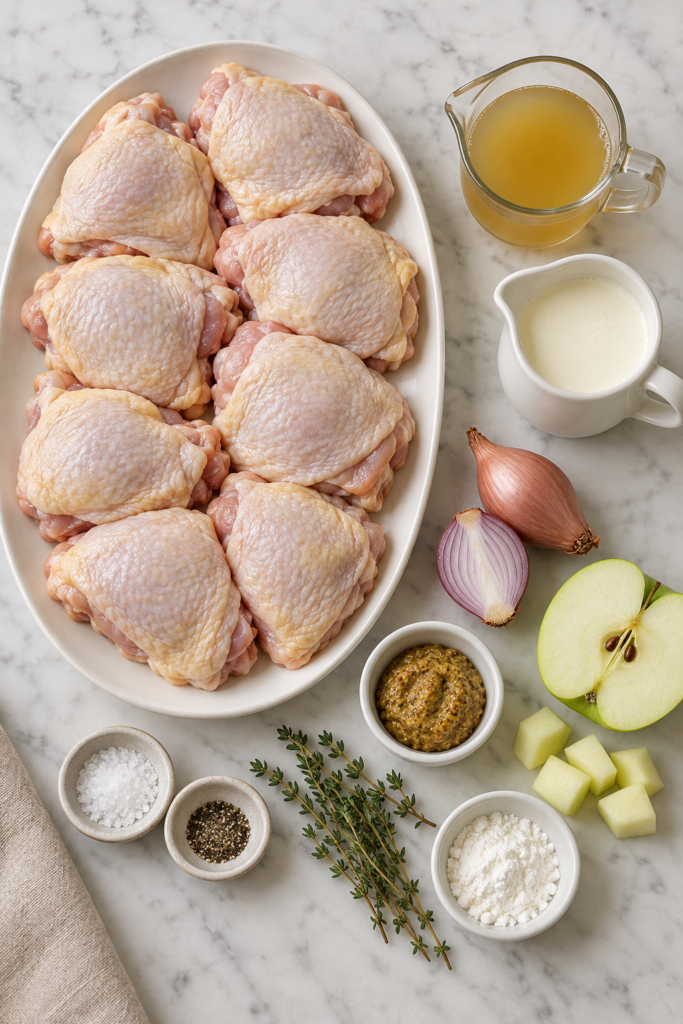 Overhead view of raw chicken thighs, apple, shallots, mustard, broth, cream, thyme, salt, pepper, and cornstarch on marble.