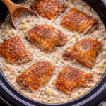 Crockpot creamy mustard chicken thighs in a black slow cooker with apple shallot cream sauce partially submerged