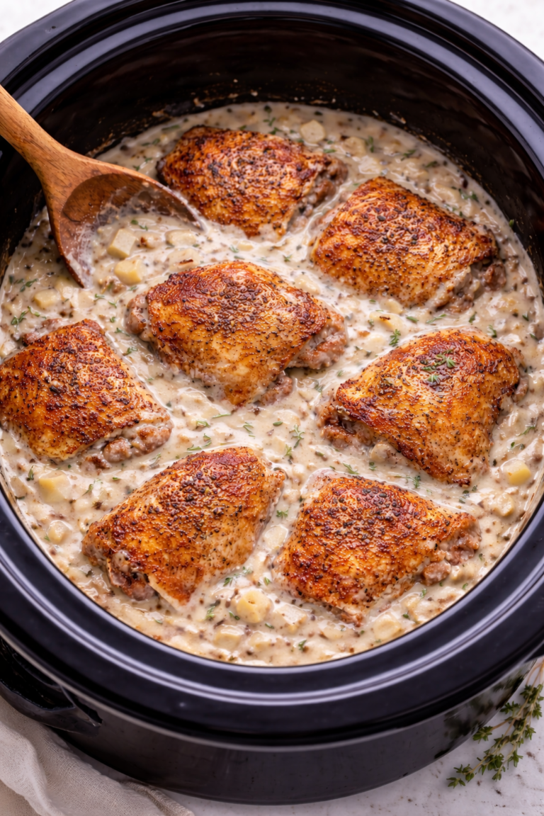 Crockpot creamy mustard chicken thighs in a black slow cooker with apple shallot cream sauce partially submerged