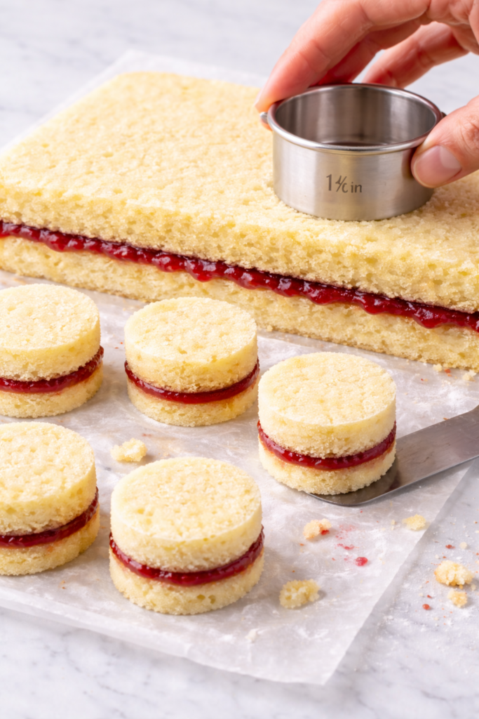 Cutting strawberry almond petits fours from layered almond cake using a round cutter