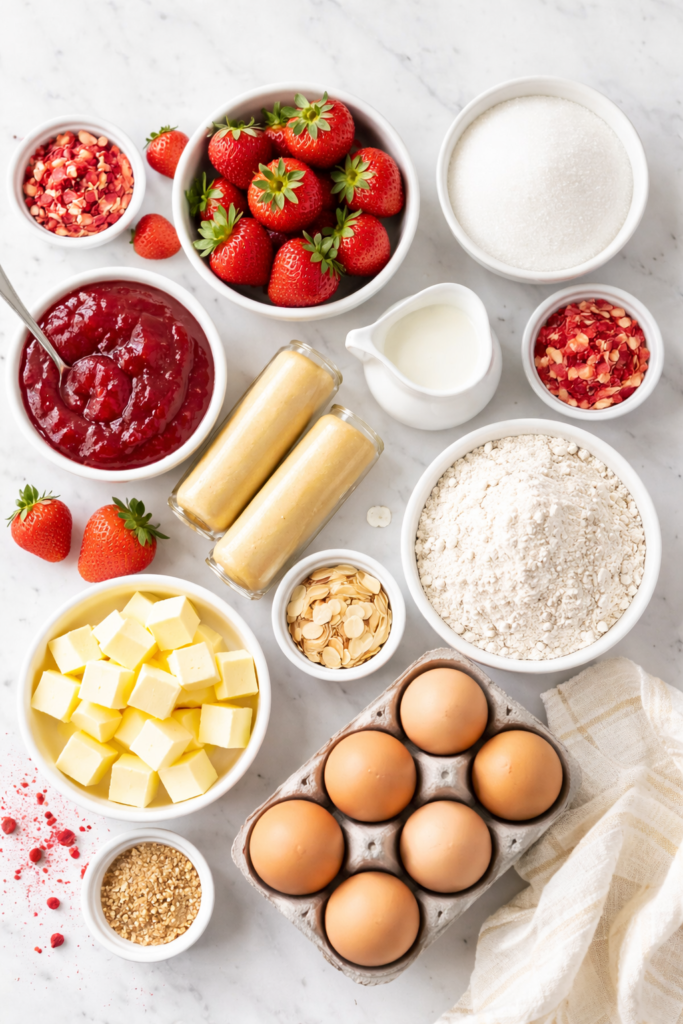 Flat lay of ingredients for easy strawberry almond petits fours including almond paste, strawberries, butter, eggs, flour, sugar, and strawberry jam
