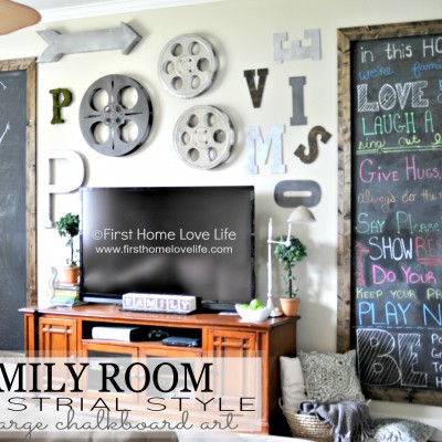 Industrial Style Family Room Gallery Wall with Chalkboard Art