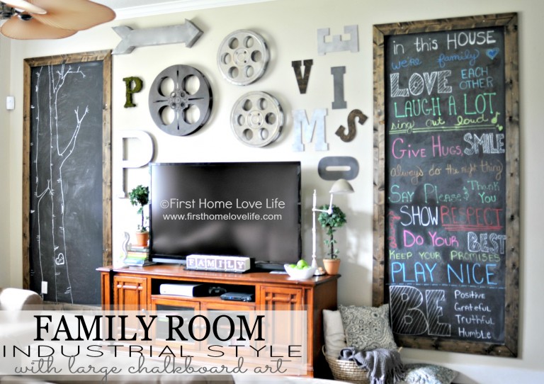 Industrial Style Family Room Gallery Wall with Chalkboard Art