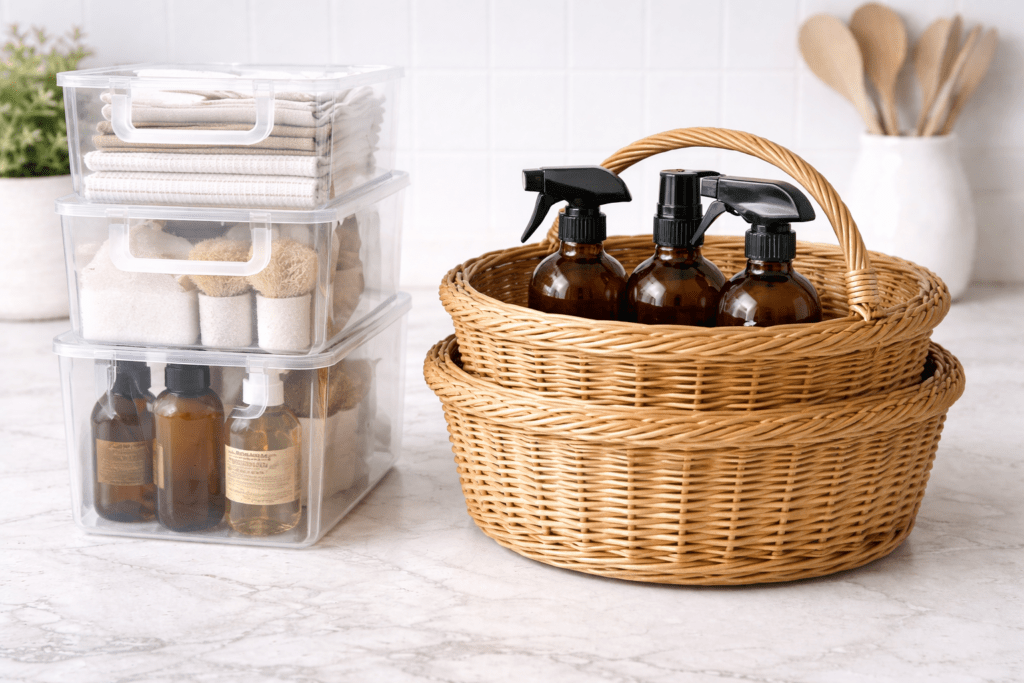 Organized kitchen countertop with stacked clear plastic storage bins, wicker baskets, and amber glass spray bottles