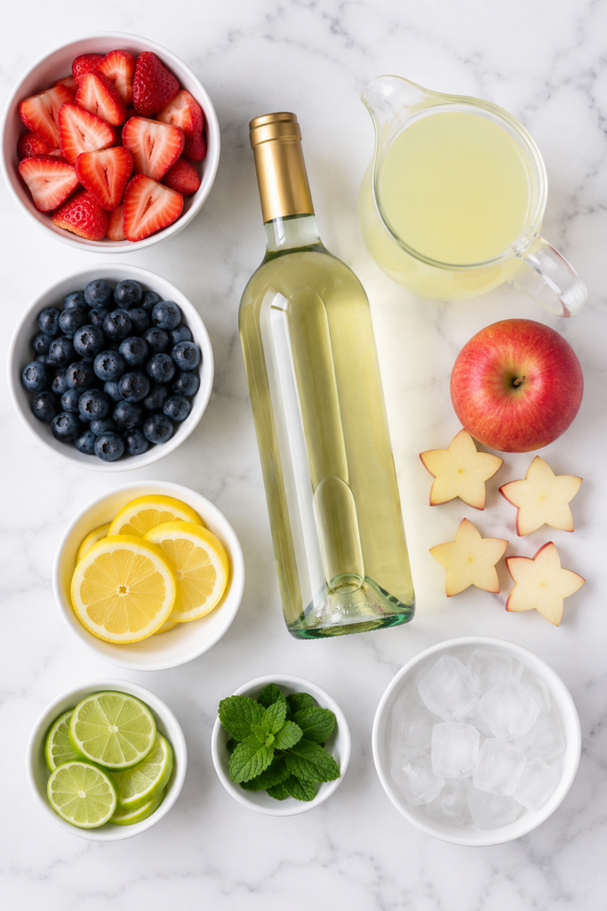 Flat lay of ingredients for patriotic sparkler sangria including white wine, sparkling lemonade, strawberries, blueberries, apple stars, lemon slices, lime slices, mint, and ice on a white marble countertop.