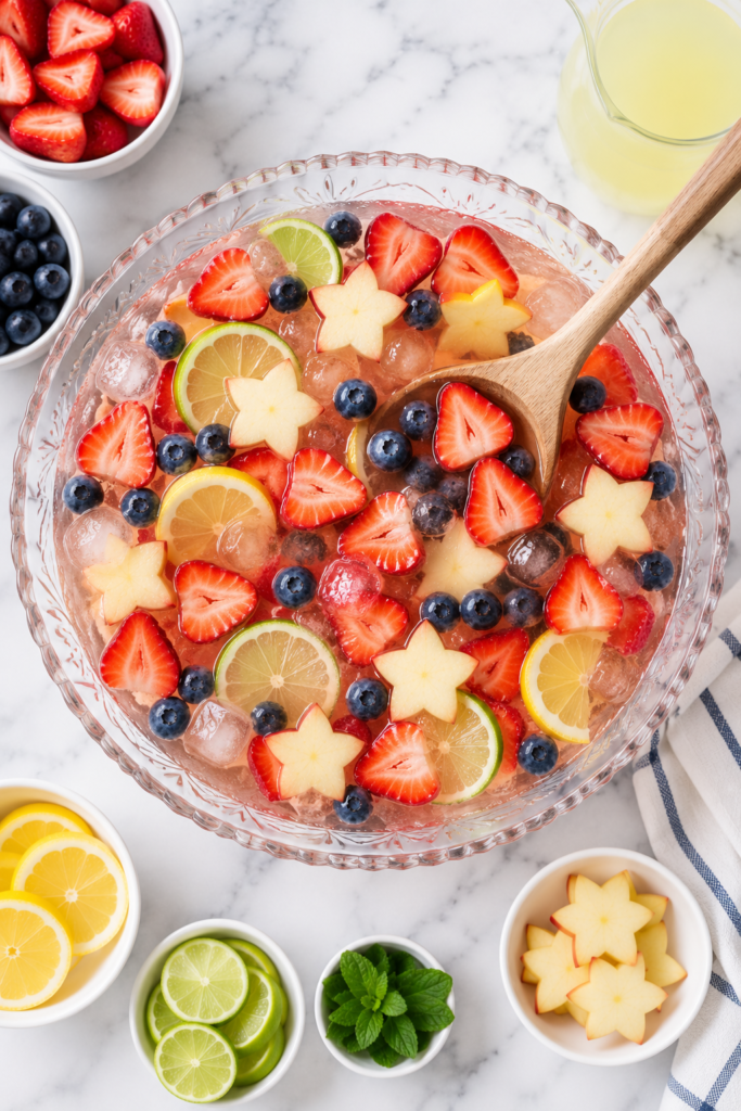 Large glass punch bowl filled with patriotic sparkler sangria, strawberries, blueberries, apple stars, lemon slices, lime slices, and ice with a wooden spoon stirring on a white marble countertop.