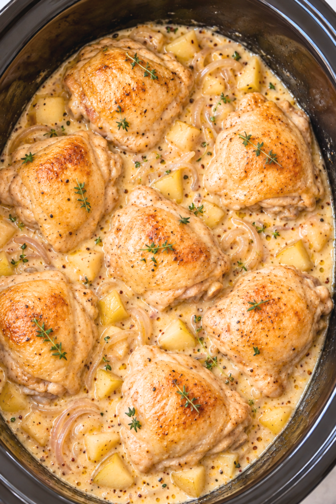 Close-up of golden chicken thighs with apples, sliced shallots, and thyme in creamy mustard sauce inside a black slow cooker.