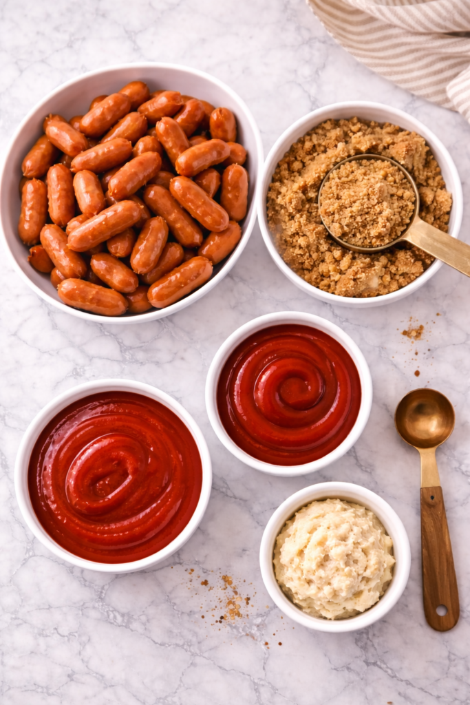 Ingredients for slow cooker Little Smokies including cocktail sausages, brown sugar, ketchup, and prepared horseradish arranged on a white marble surface.