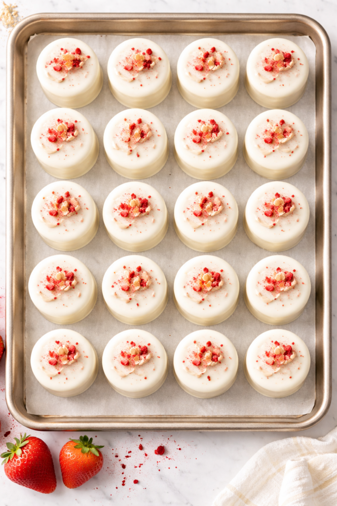 Overhead view of strawberry almond petits fours lined up on a baking sheet with white chocolate glaze and strawberry topping
