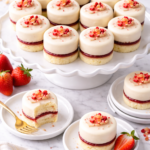 Strawberry almond petits fours on a cake stand with individual servings on small plates