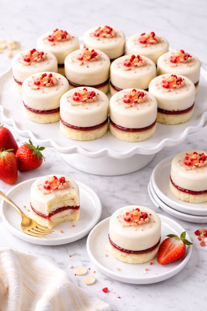 Strawberry almond petits fours on a cake stand with individual servings on small plates