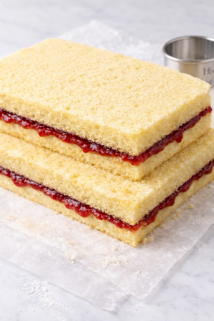Layered almond cake with strawberry jam filling for strawberry almond petits fours before cutting