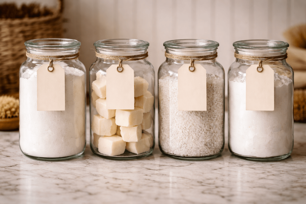 Vintage glass apothecary jars with blank hanging labels filled with natural cleaning powders and soap cubes on a quartzite countertop.