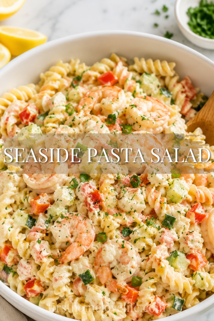 Creamy seaside pasta salad with shrimp, crab meat, rotini pasta, cucumber, red bell pepper, and fresh herbs in a large white serving bowl on a marble countertop.