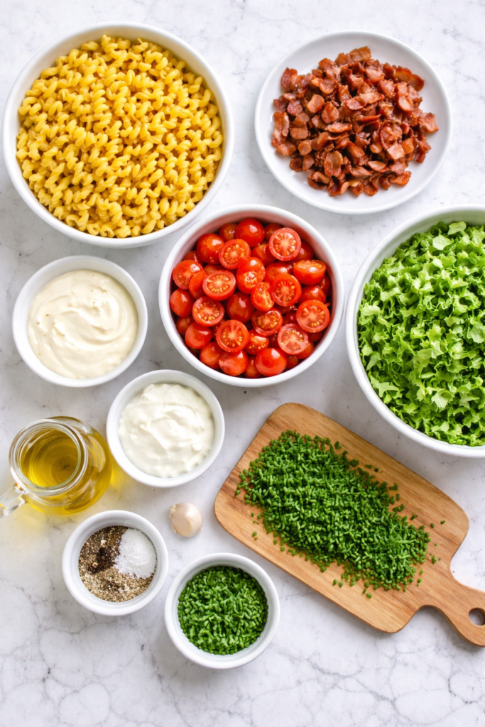Flat lay of ingredients for garlicky BLT macaroni salad including pasta, bacon, tomatoes, lettuce, garlic, chives, and creamy dressing on a marble surface