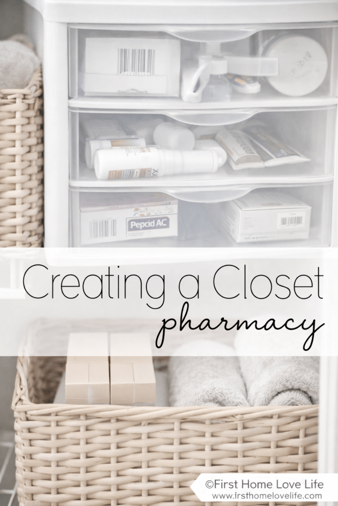 Closet pharmacy organization using clear storage drawers and neutral baskets in a linen closet.